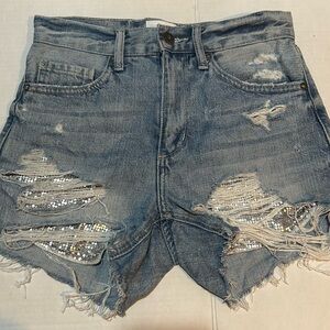 PISTOLA High Waist Jean Shorts Sequin Pockets Size 24 Distressed Denim Shorts